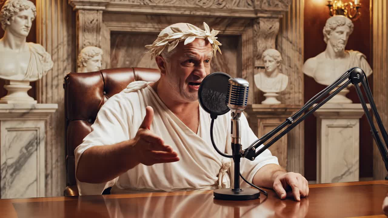 Man in toga recording a podcast