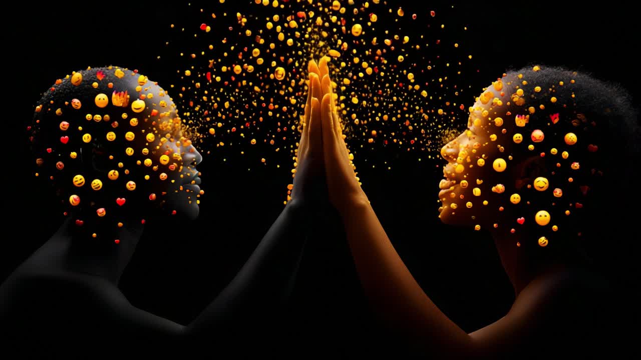 A captivating artistic depiction of two figures connecting through their palms, surrounded by vibrant, floating emojis, symbolizing emotion, expression, and connectivity in a dark space