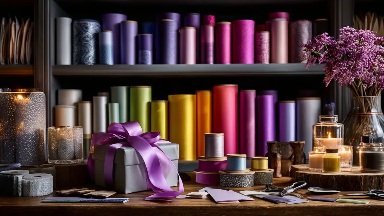A Beautifully Arranged Crafting Space Featuring Colorful Rolls of Wrapping Paper, Elegant Candles, and Delicate Floral Arrangements in a Cozy and Inviting Atmosphere, Perfect for Gift Presentations