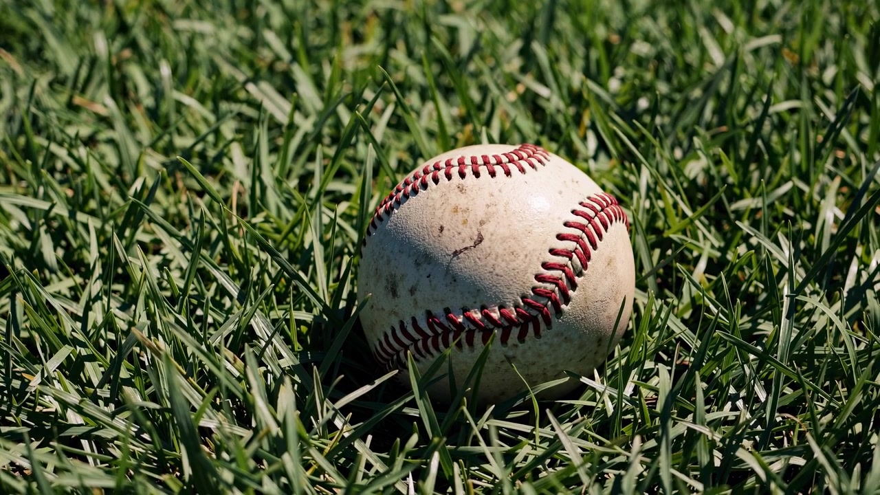 Palla da baseball usata appoggiata sull'erba verde alla luce del sole