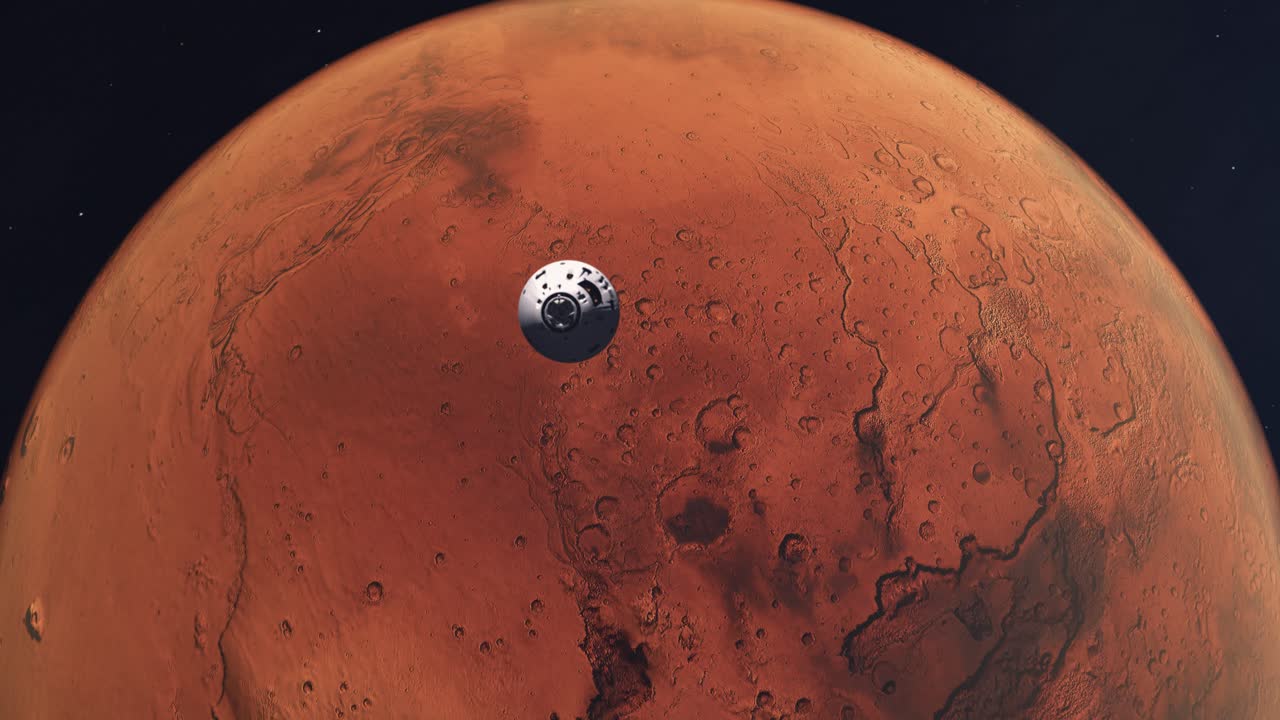 Spaceship Approaching Mars and Entering Orbit