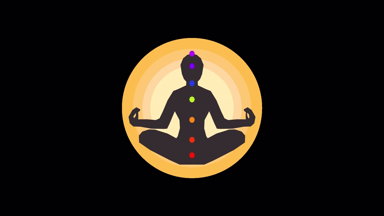 Silhouette animata di una persona che medita con i punti energetici chakra