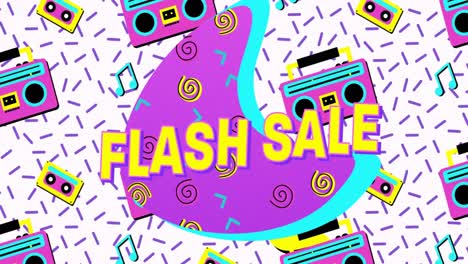 Flash-Sale-Text-Auf-Violettem-Banner-Vor-VHS-Kassettensymbolen-In-Nahtlosem-Muster-Auf-Weißem-Hintergrund