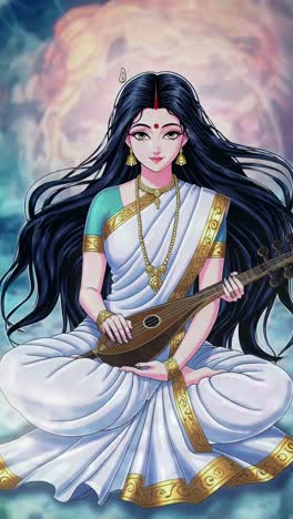 illustration of an indian goddess playing a veena