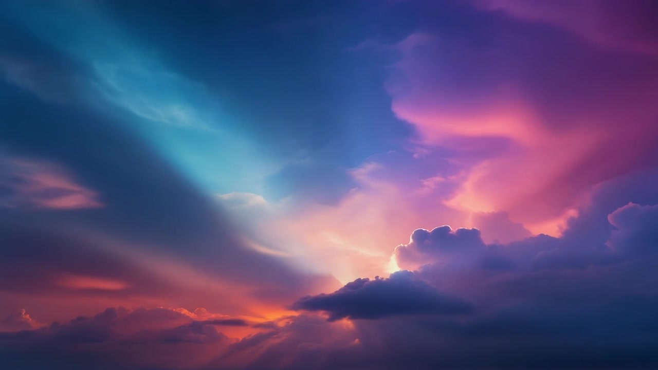 Vibrant Sunset Sky with Colorful Clouds and Sun Rays