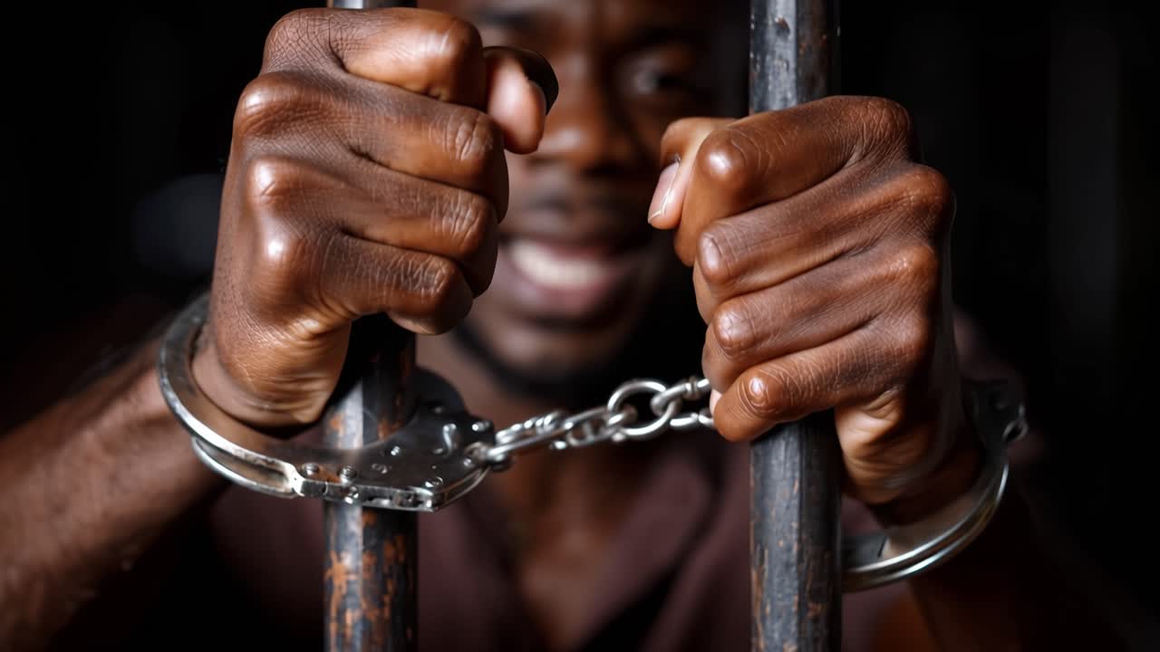 Sbarre scure incorniciano mani strette in catene. Le dita afferrano il ferro, mostrando tensione e prigionia. Un volto sbircia tra le sbarre, gli occhi riflettono angoscia e costrizione