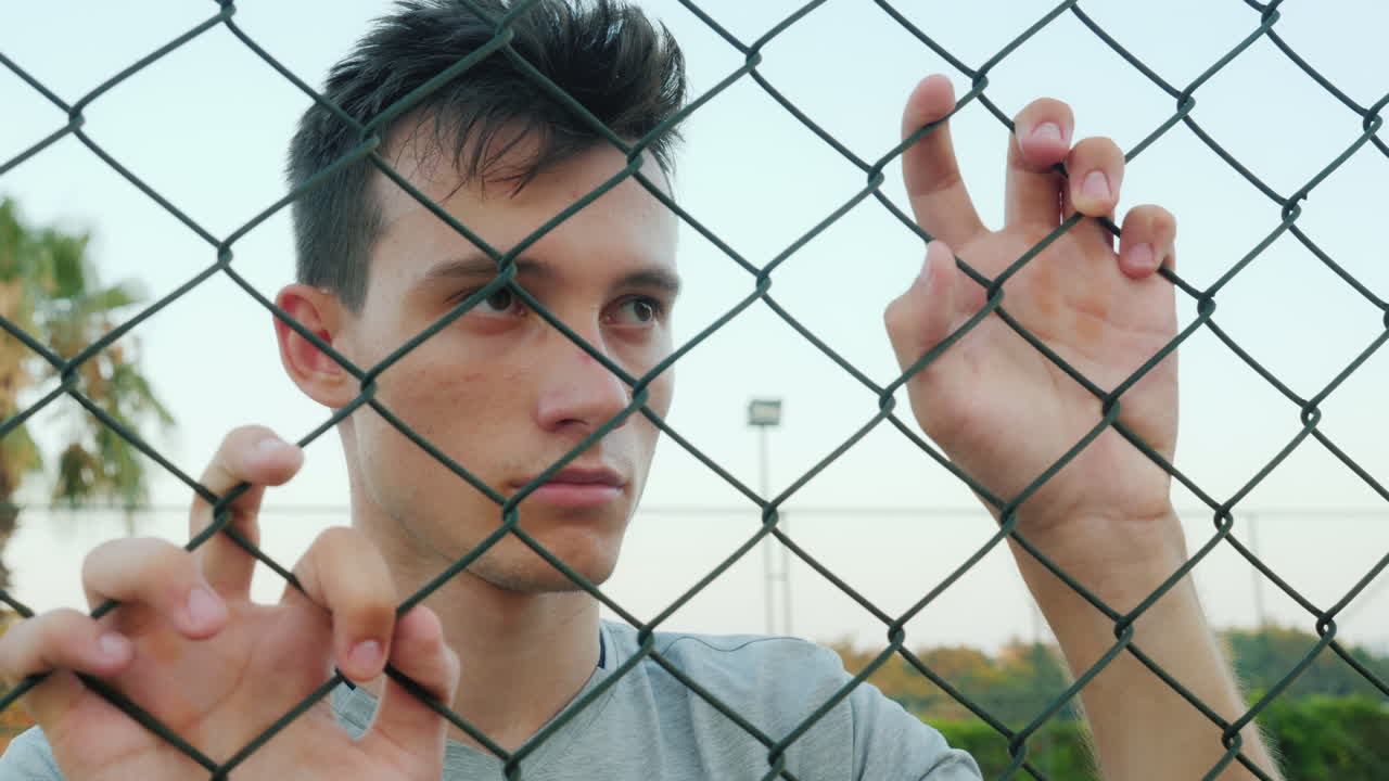 우울한 십대는 울타리 메쉬 너머로 보입니다.