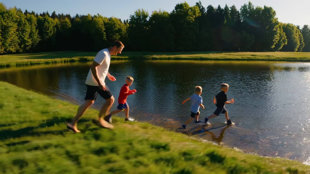 Father and Children Running and Splashing in a Lake