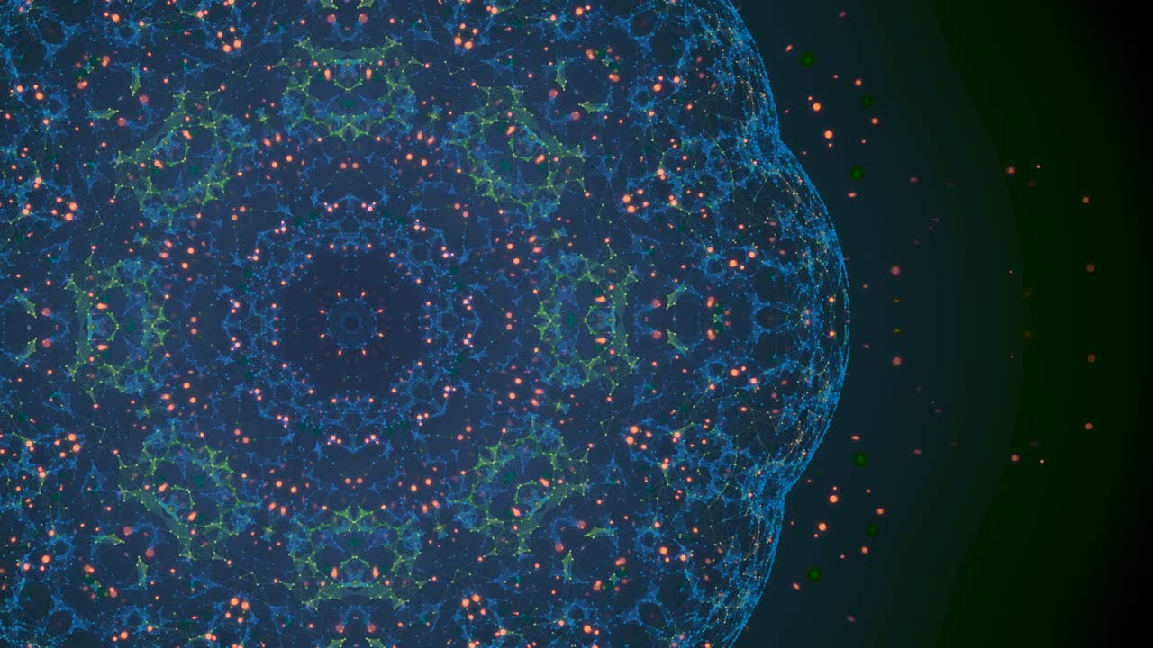 patrón de matriz de plexo con diferentes símbolos y partículas que giran alrededor transmitiendo conectividad y complejidad del mundo moderno.