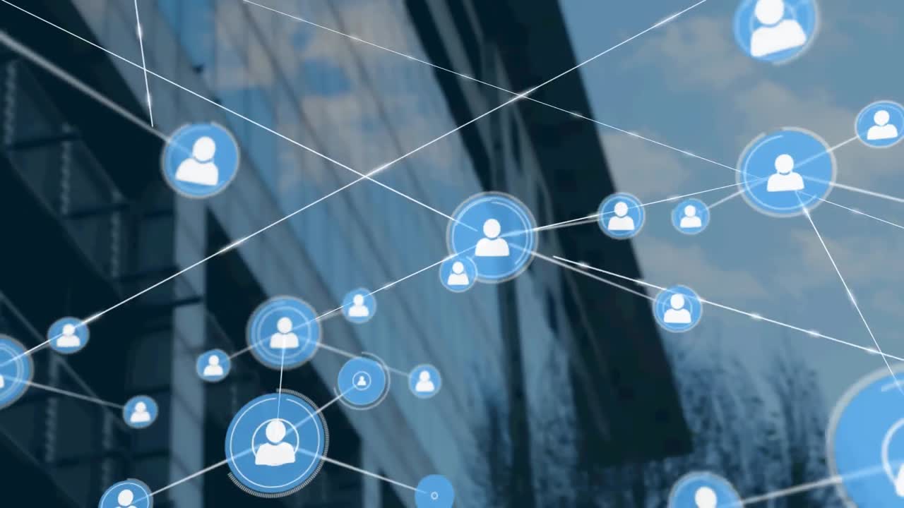 Animation of network of connections with icons over modern office building