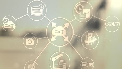 red de iconos digitales y red de conexiones contra el almacén en segundo plano