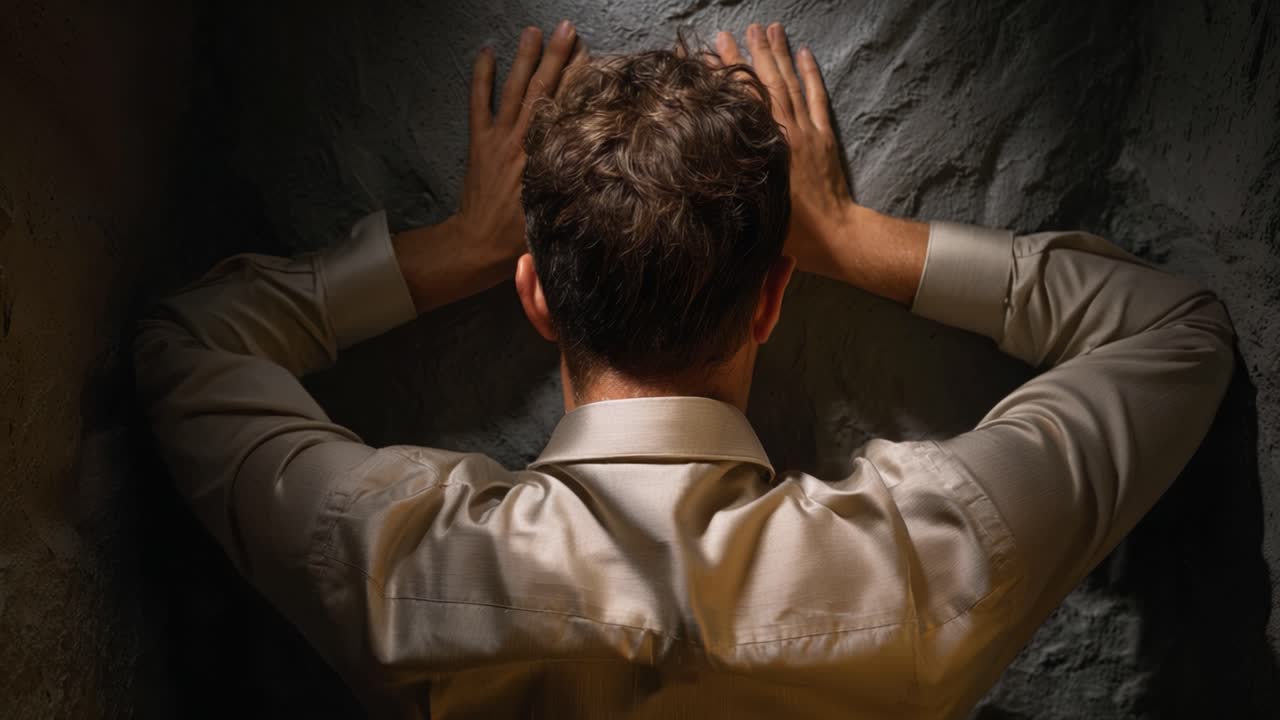 荒涼とした環境の中、男が荒れた壁にもたれかかり、手を表面に押し付けて感情と脆さを表現する絶望の瞬間