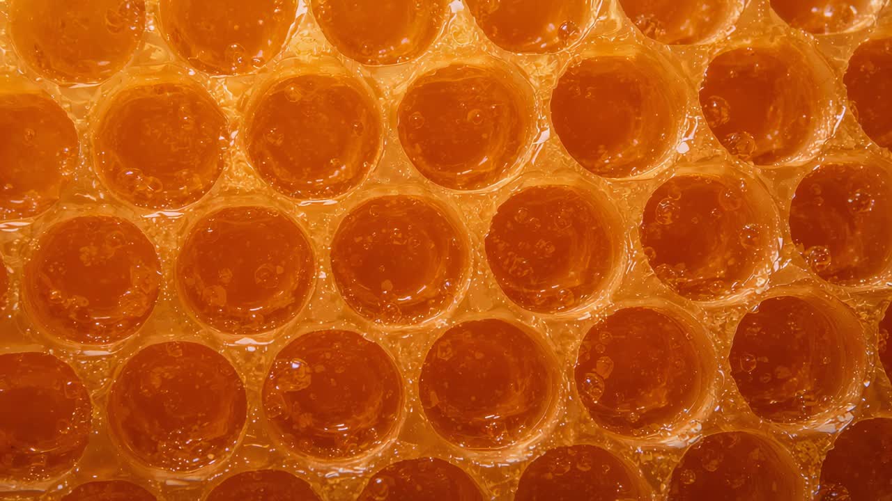 Sezione a nido d'ape che mostra il movimento del miele in macro con luce soffusa che sposta le bolle e i bordi di cera