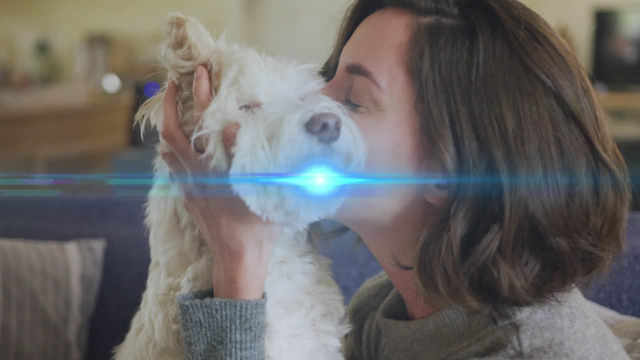 Pet care enthusiast holding fluffy dog on couch lifting face planting kiss as light streak sweeping