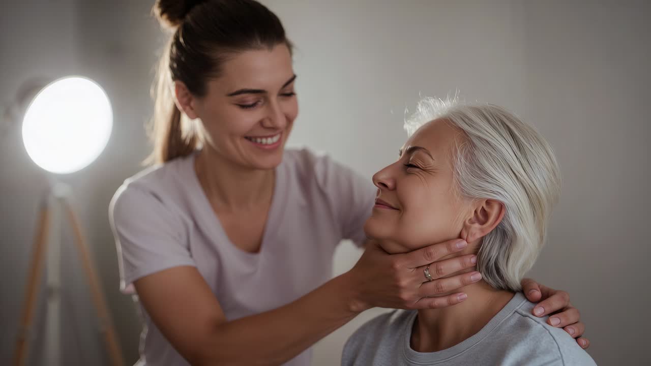 Leaning daughter guiding senior's jaw and shoulder at home, in light clothing with tripod lamp