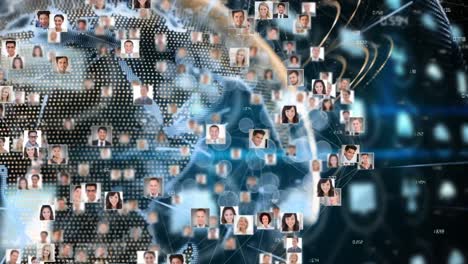animation of photos of diverse male and female businesspeople rotating over globe
