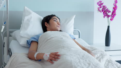 Hospital-bed,-woman-and-stress-with-thinking