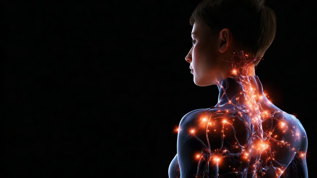 A captivating visual representation of a human figure showcasing illuminated neural pathways and vibrant energy patterns coursing through its spine, set against a dramatic black backdrop, highlighting the beauty of anatomy and neuroscience
