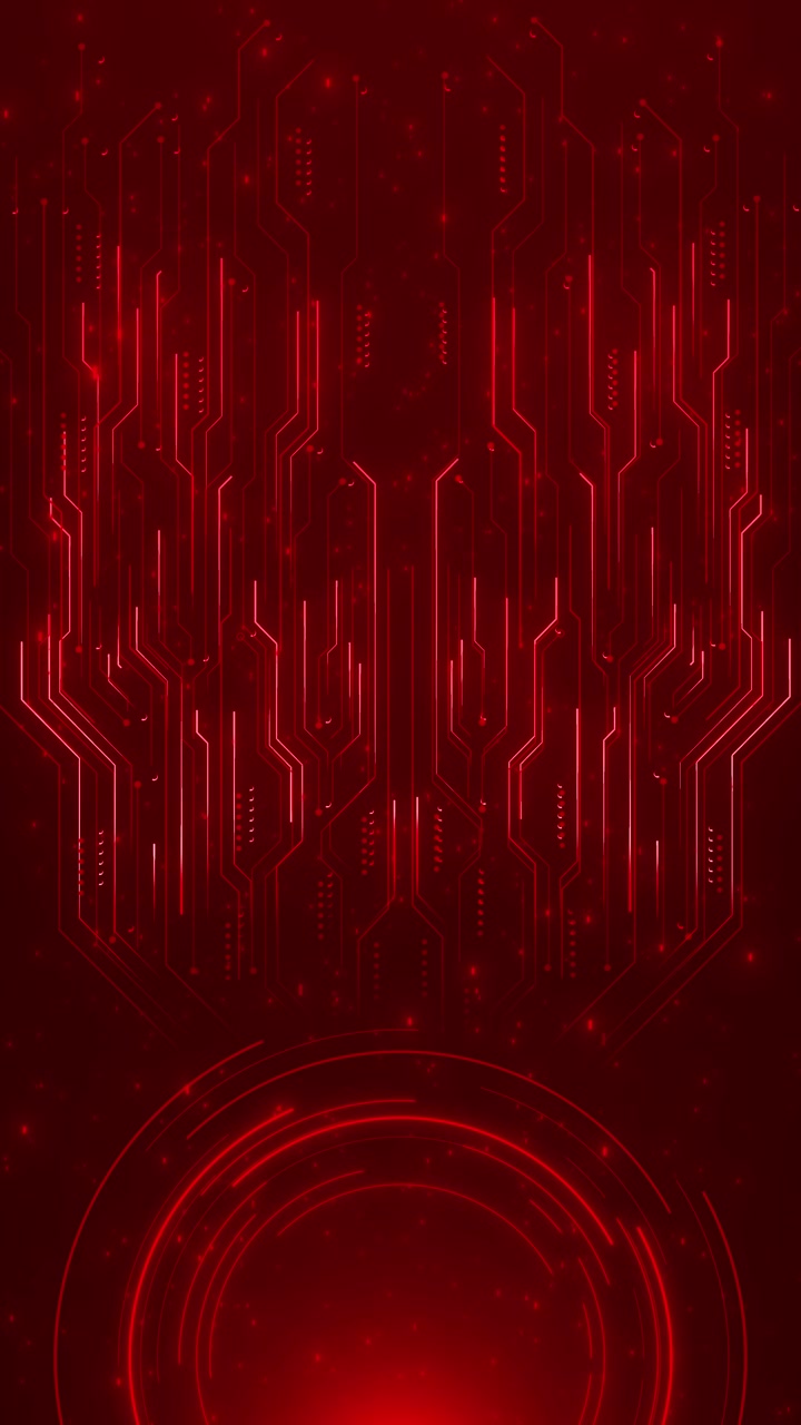 Red circuit hud technology background with glowing electronic lines scanner rings and dark