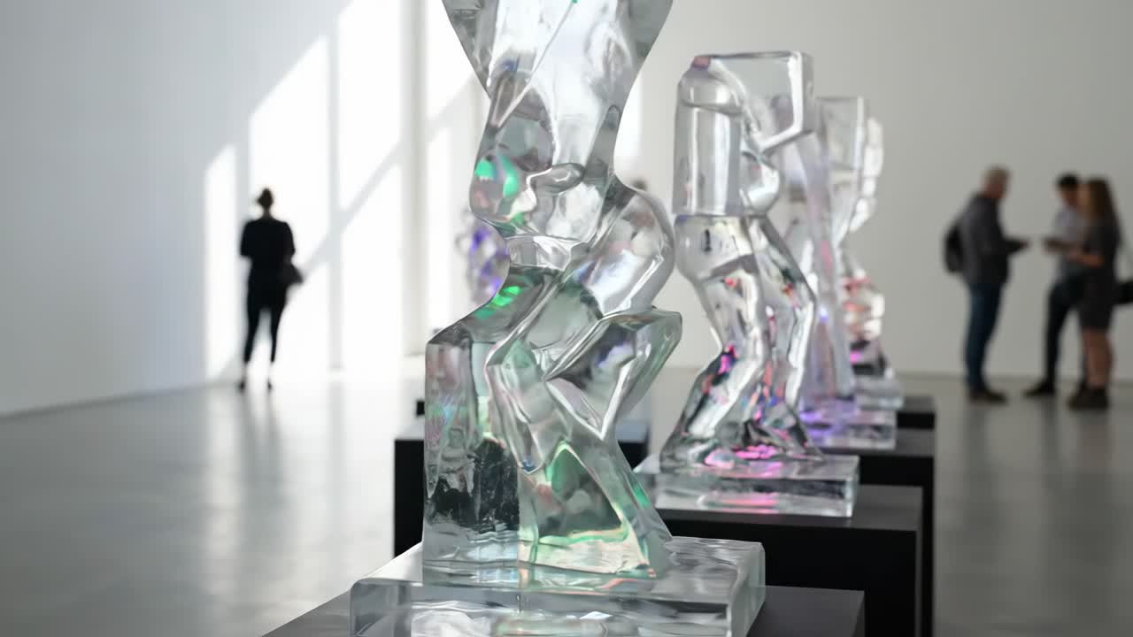 Visitors Observe Modern Abstract Sculptures in a Bright Art Gallery
