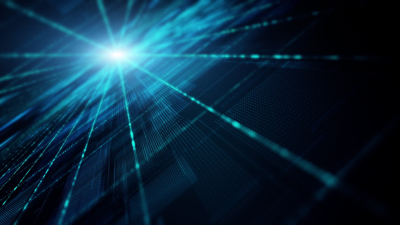 Immersive cyber space with captivating motion abstract matrix particles forming a mesmerizing grid amidst futuristic wonders