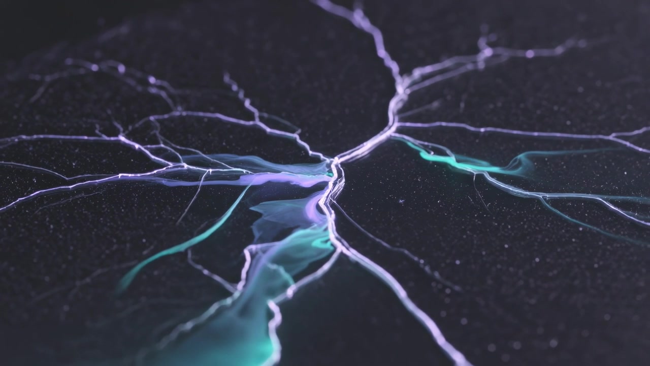 Brightening glowing branching node sending violet teal ribbons on grainy plane, forming stable flow