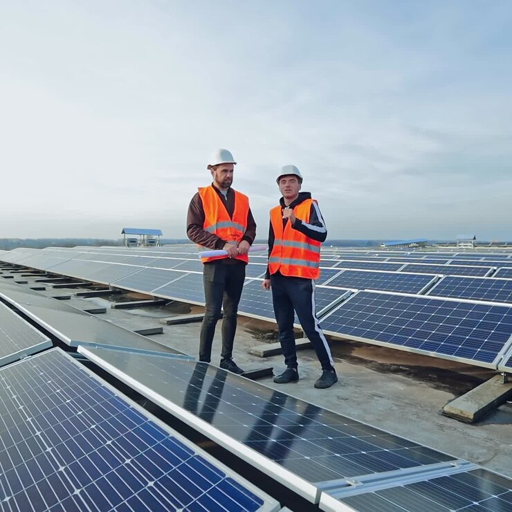 Modern solar farm on a roof under the sky. Workers in uniform and protective helmets discuss the solar panels installation.