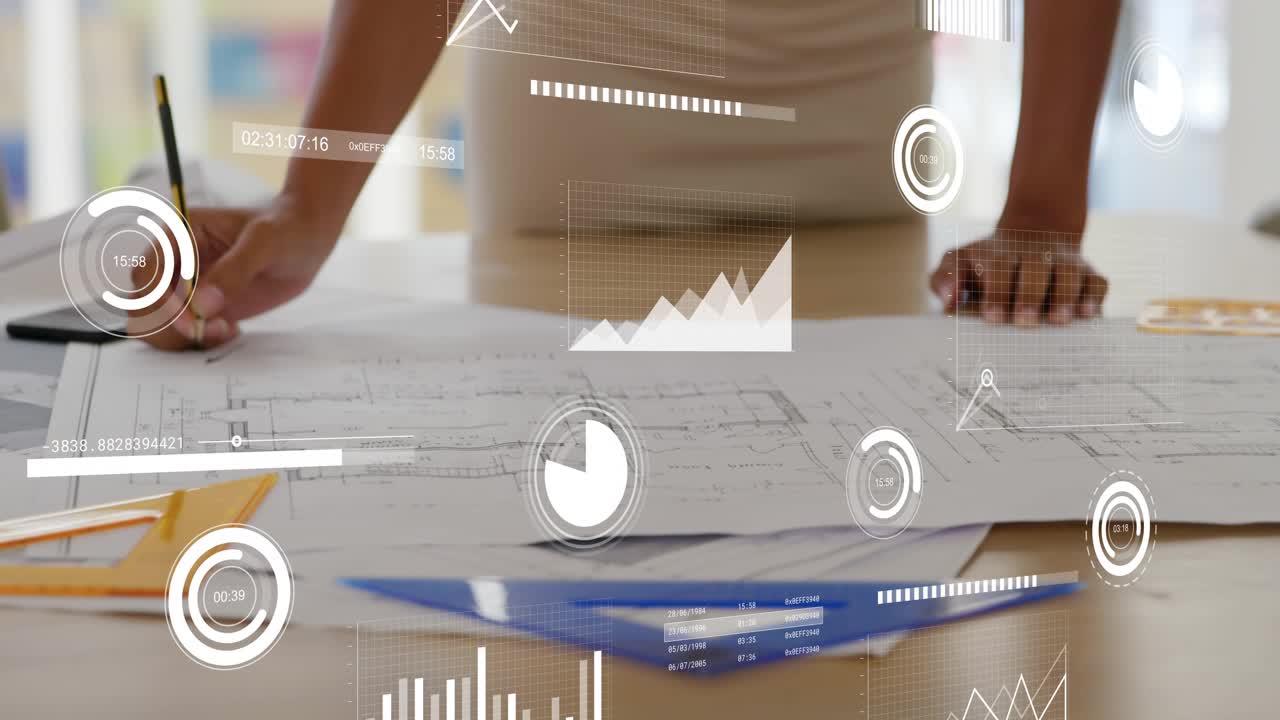 Woman designer leaning tracing and marking plan with pencil for design while HUD charts animating