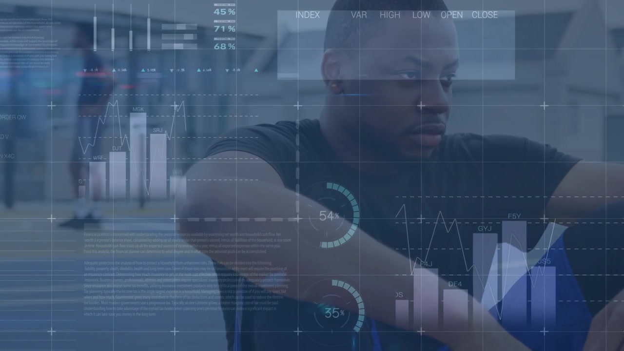 Animation of statistics and data processing over business people using tablet