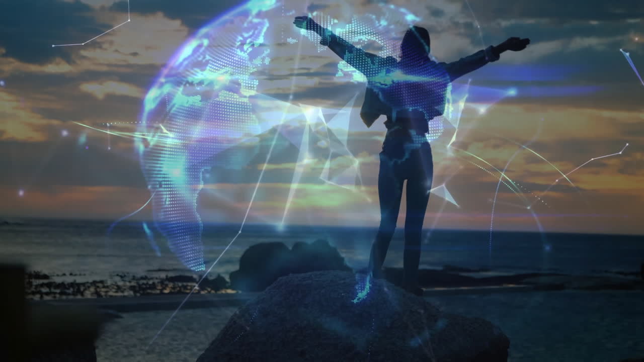 Silhouette of person with arms outstretched over digital world map animation
