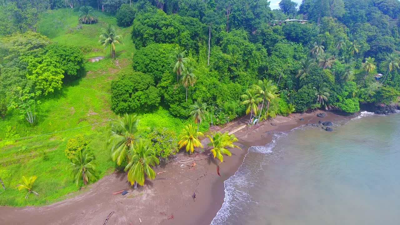 una persona caminando a lo largo de una playa vacía en drake bay costa rica junto a una selva verde saludable de palmeras en la temporada de lluvias