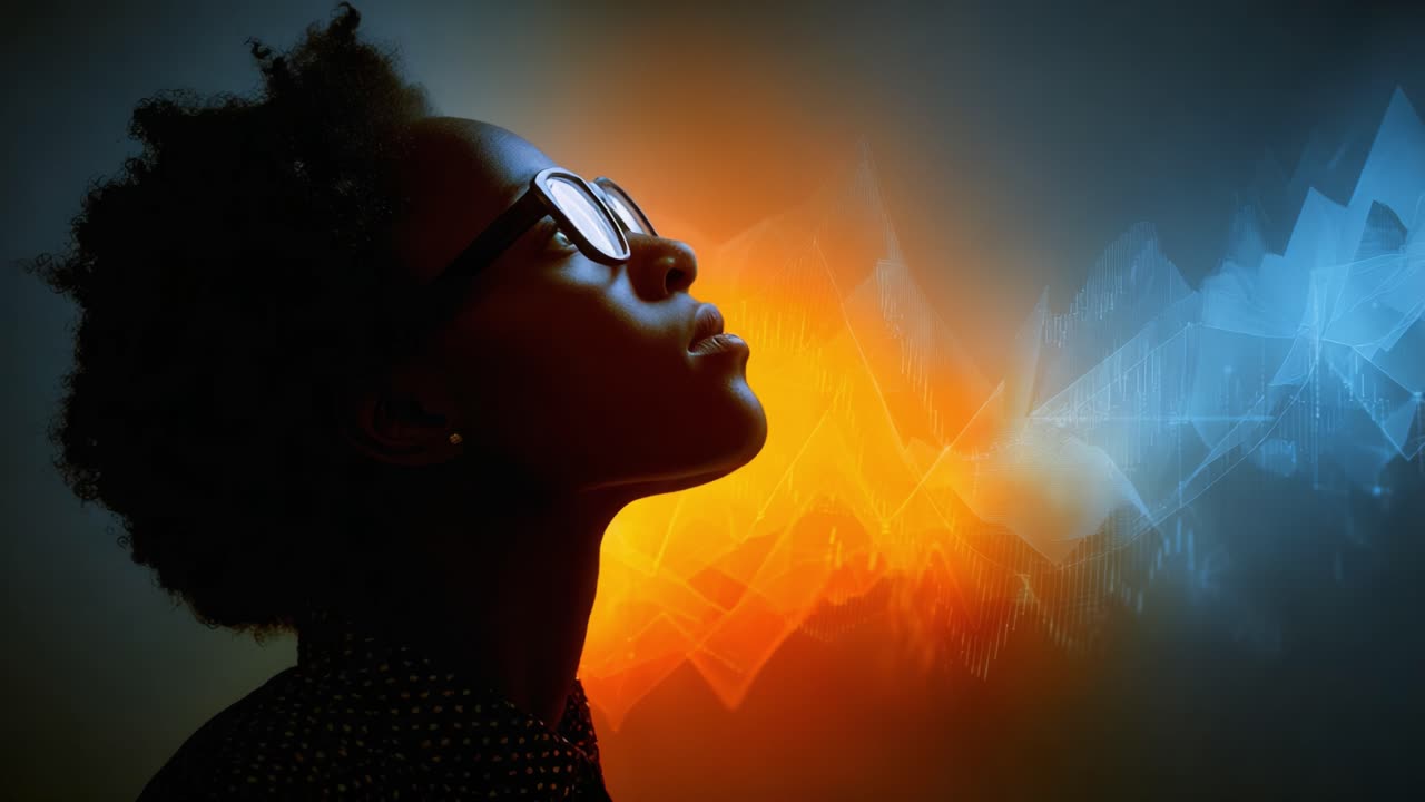 A contemplative individual gazes upward, as vibrant hues of orange and blue create a dynamic visual symphony, blending creativity and introspection in a stunning digital artwork