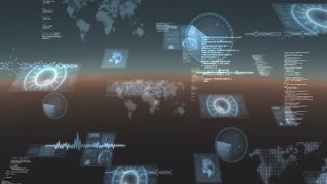 animation of data processing and scopes scanning on screen over glowing horizon