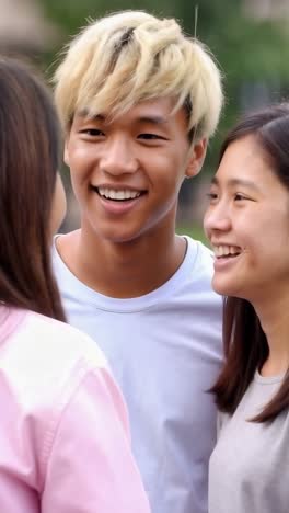 three young asian students talking and enjoying themselves on the university campus.