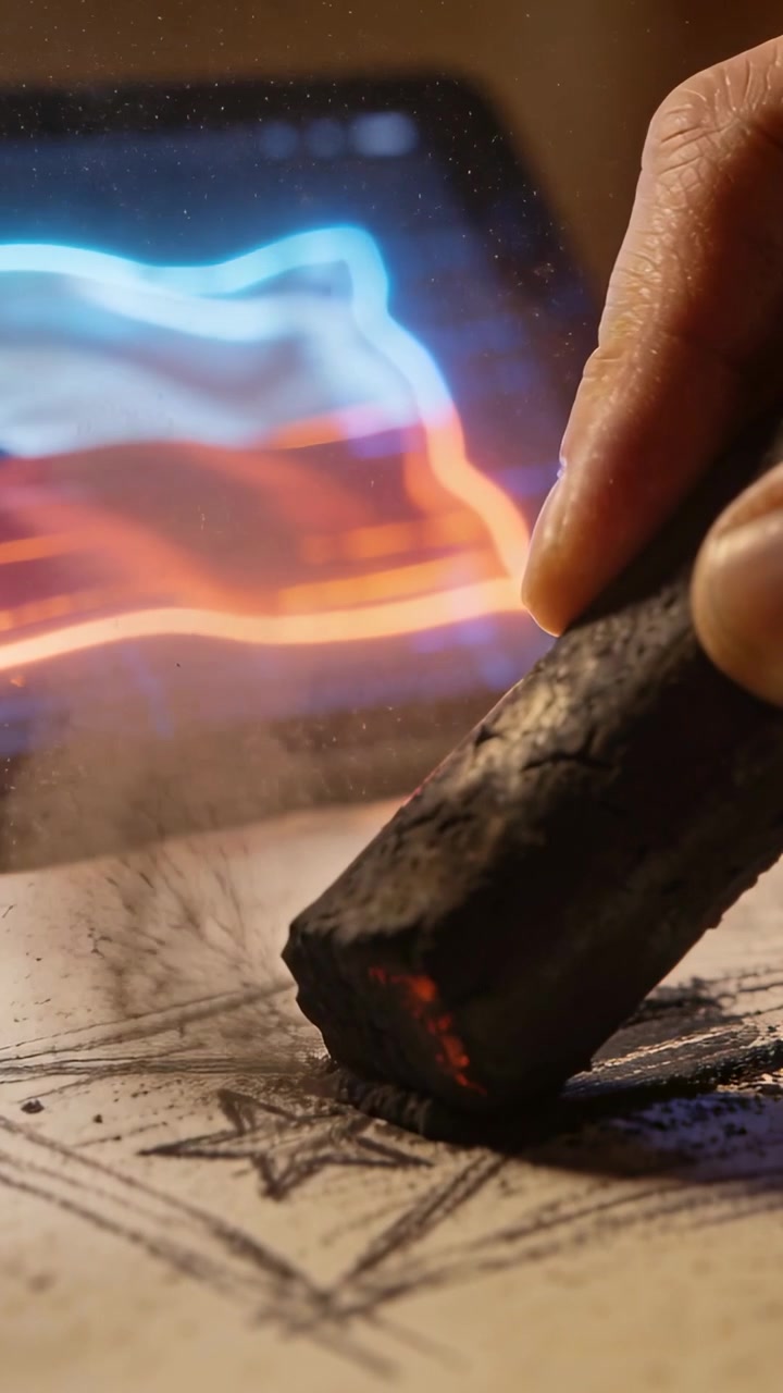 Vertical video: Placing charcoal at star right hand rubbing shade on sketch with tablet, copy space
