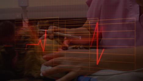 animación de datos con una mujer en una clínica en el fondo