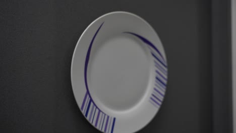 Pullback-from-clean-white-plate-with-blue-linework-pattern-on-grey-countertop