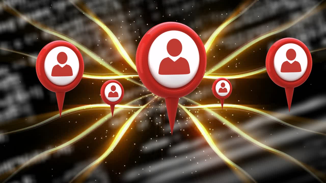 Animation of red location icons with user symbols connected by glowing lines