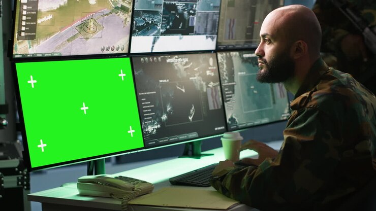 Soldat fra hæren ser på chroma key-skærme i kommandocentret