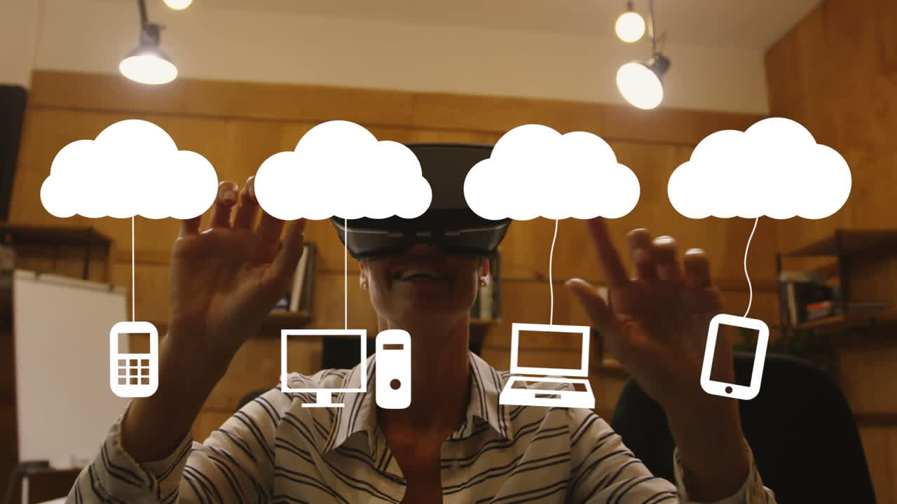 Animation of social media icons over caucasian woman wearing vr headset