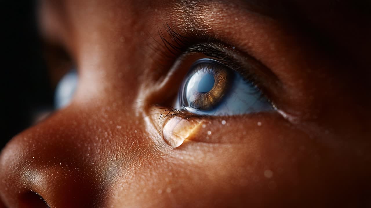 A Close-Up Exploration of Emotion: Capturing the Beauty of a Tear rolling down a Child's Cheek, Highlighting the Depth of Innocence and Sensitivity in a Moment of Vulnerability