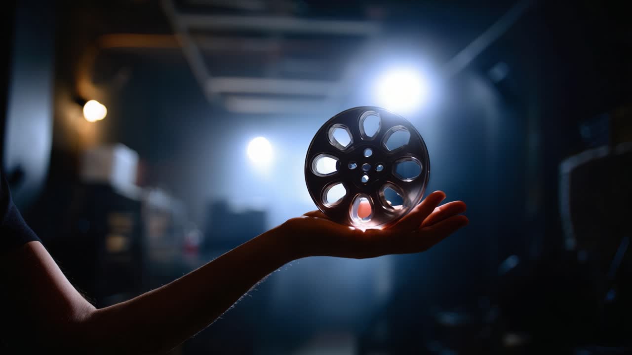 Una bobina di pellicola luminosa in una stanza buia: immagini accattivanti di arte cinematografica e la magia dei film in un ambiente scarsamente illuminato