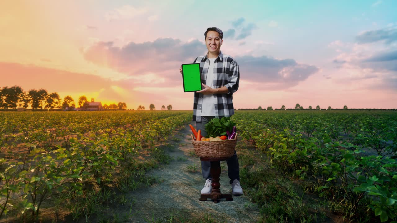 해가 지는 동안 야채의 태블릿과 바구니를 가진 농부