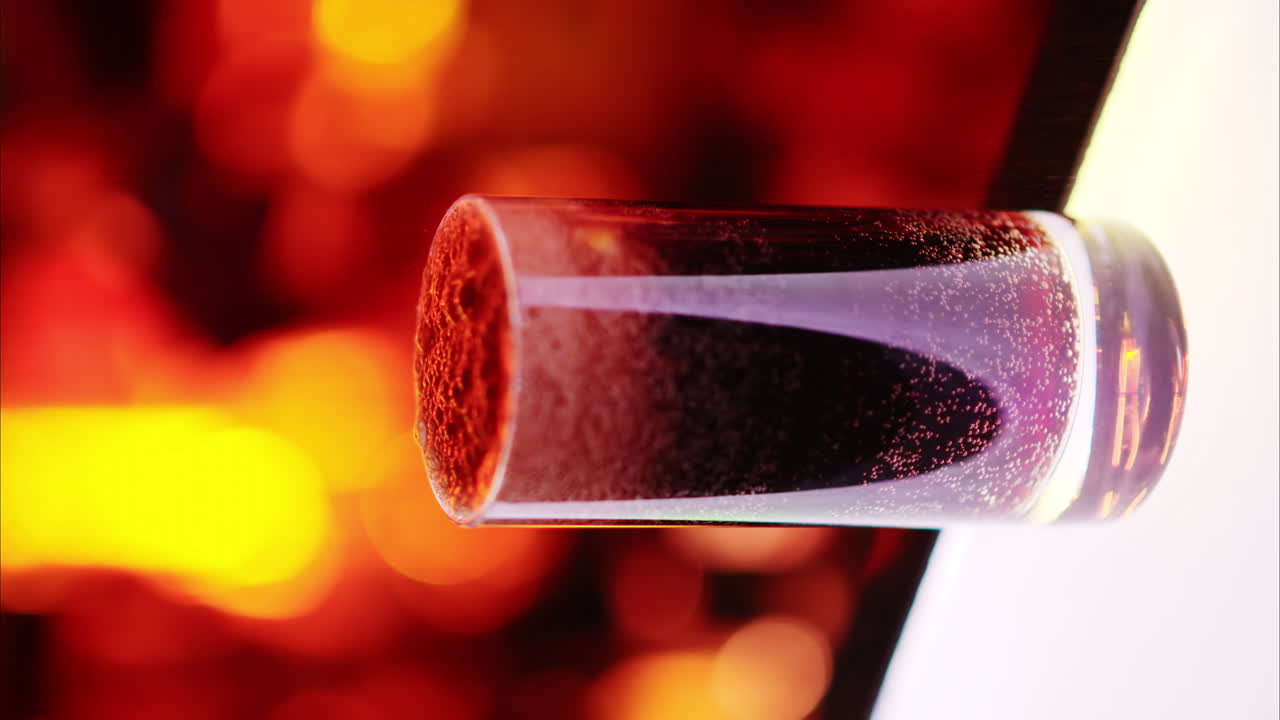 Un barman versa la soda in un bicchiere con ghiaccio al bar di notte con luci al neon rosse, rallentatore, schermo verticale