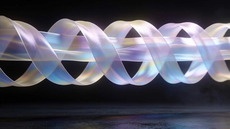 Lowering camera causing iridescent ribbon rotating toward reflective floor in studio revealing core