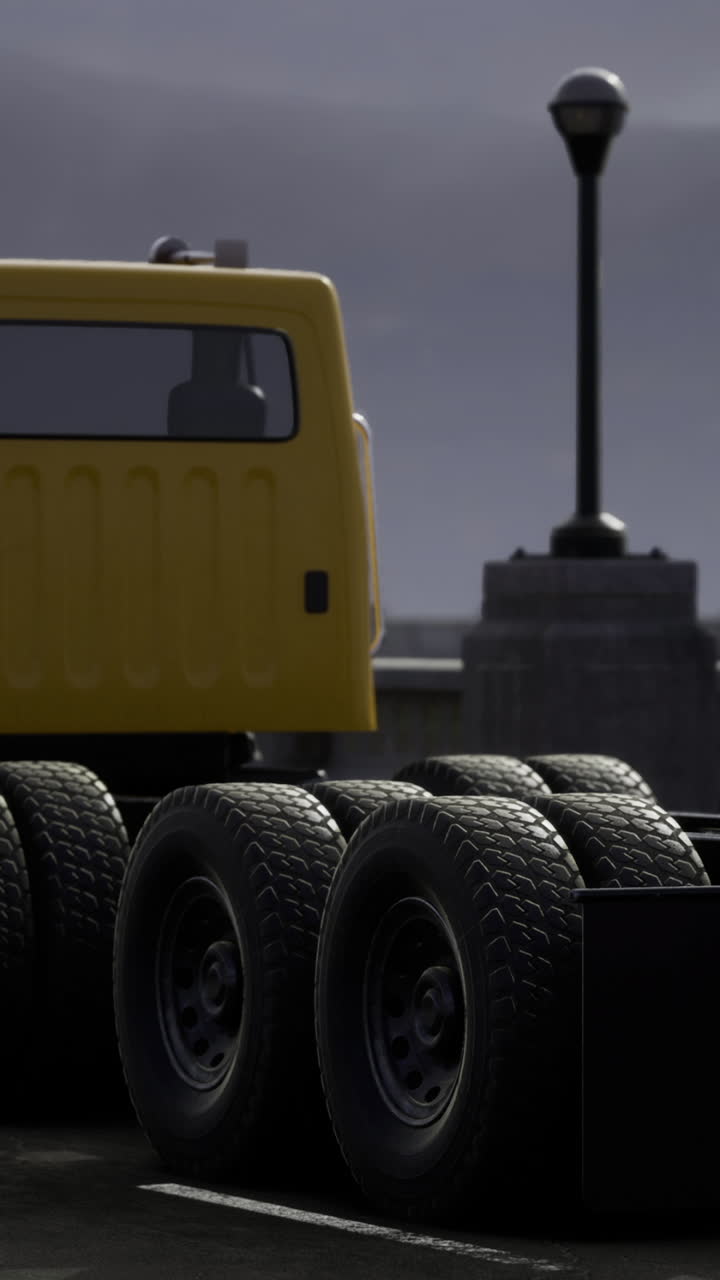 Heavy duty truck parked on a deserted urban road during twilight