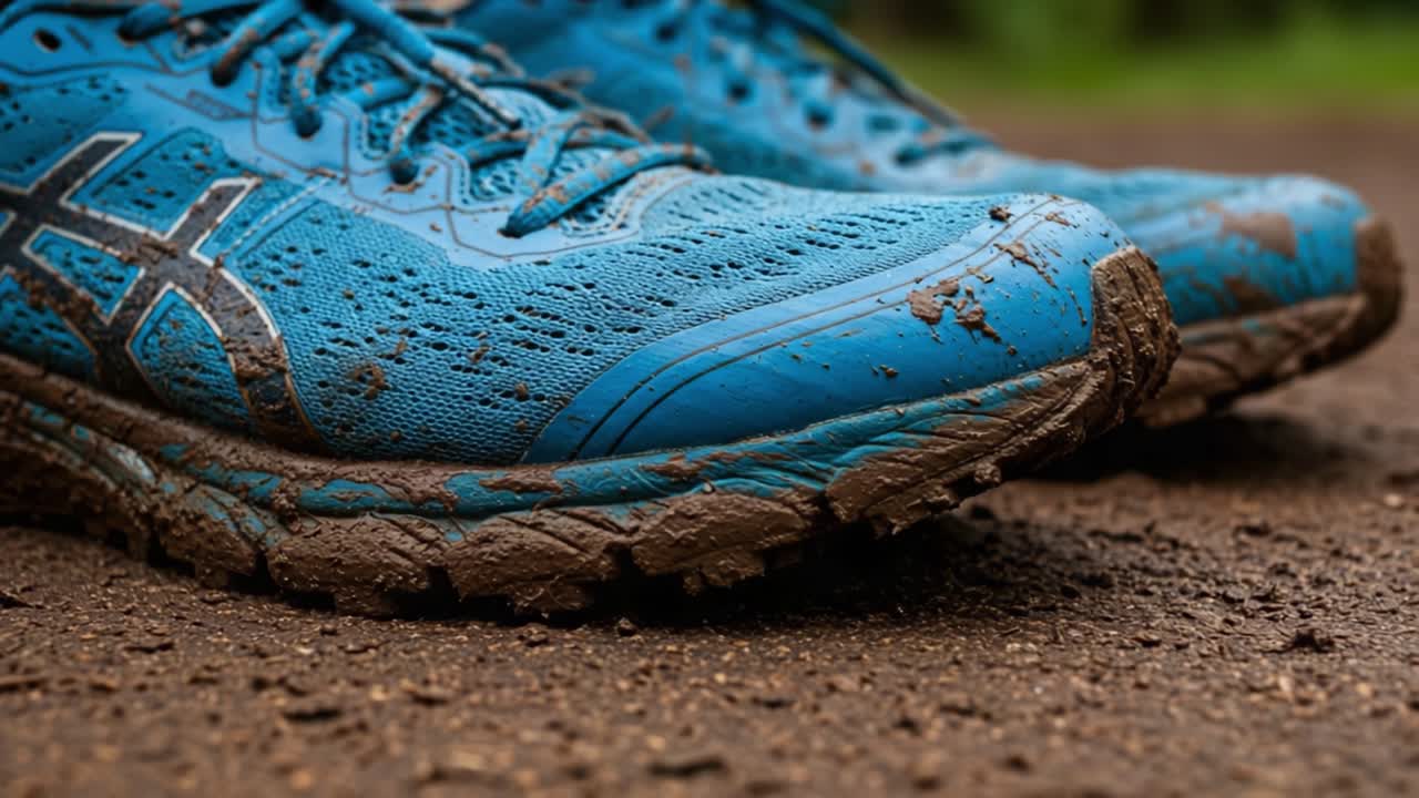 A Close-Up View of Muddy Trail Running Shoes Displaying the Effects of an Adventurous Outdoor Run Through Challenging Terrain