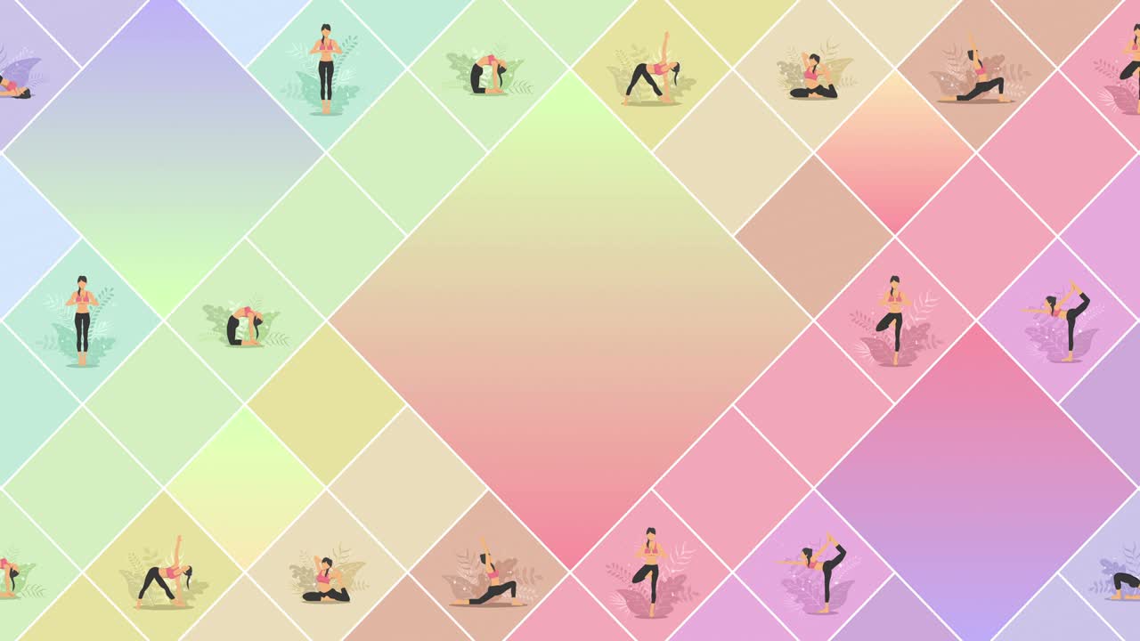ejercicio de yoga en la naturaleza. colección de personajes de dibujos animados femeninos que demuestran varias posiciones de yoga. colorida animación de bucle plano. relajarse y meditar.