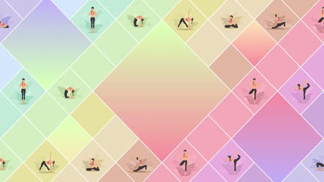 yoga exercise in nature. collection of female cartoon character demonstrating various yoga position. colorful flat loop animation. relax and meditate.