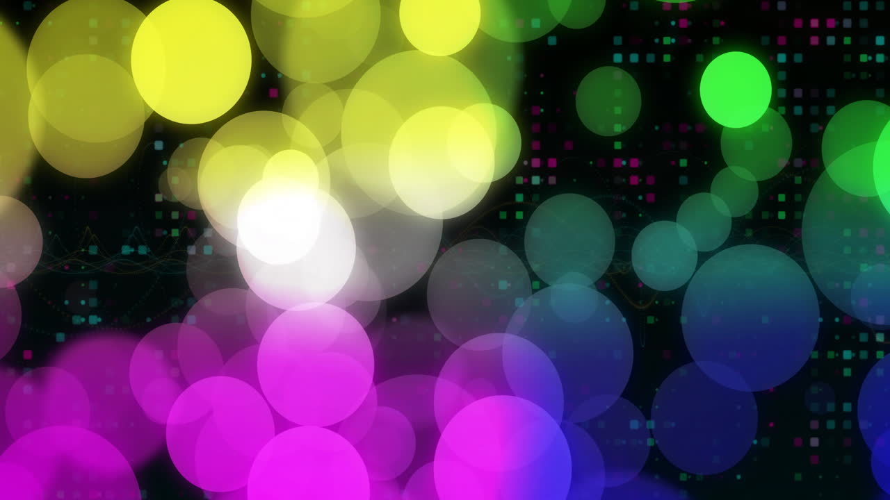 다채로운 보케 조명과 디지털 점, 추상적인 애니메이션 배경